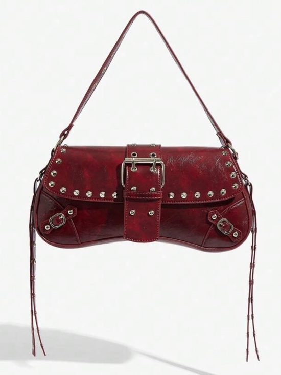Handbags - Burgundy Studded Buckle Shoulder Bag – Y2K Vintage Edgy Mini Handbag